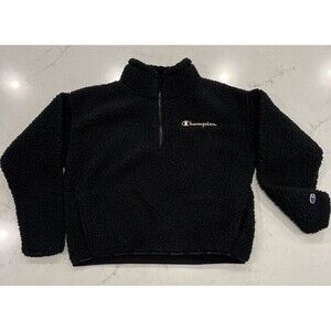 Champion High Pile Sherpa Fleece Crop Sweatshirt 1/4 Zip Pullover Black Small